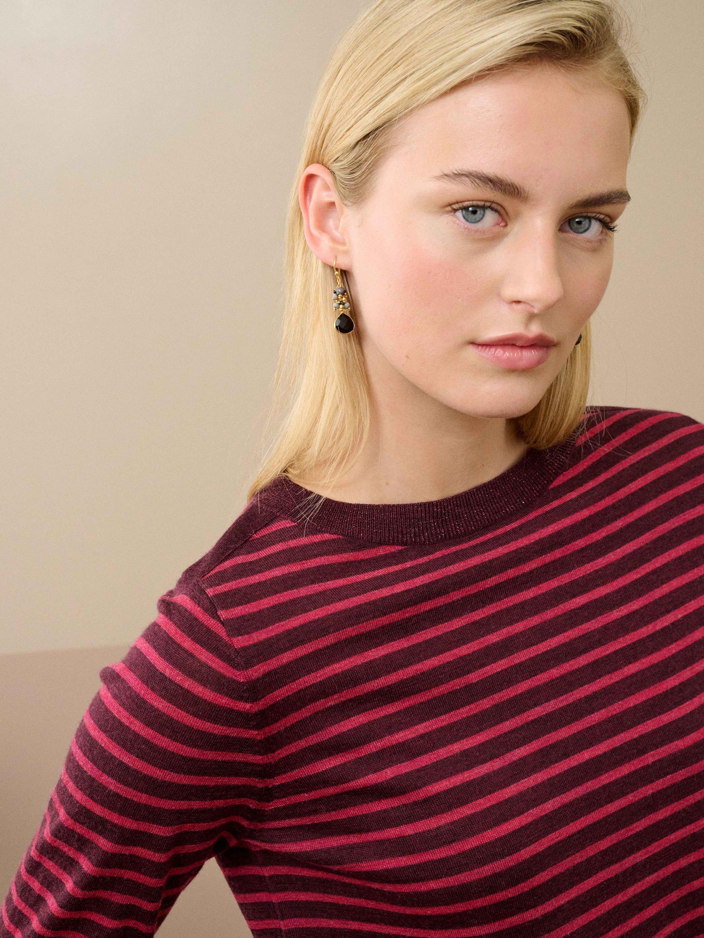 Product image 3 of 4, which shows Brora Breton Stripe Pure Merino Wool Jumper, Damson/Raspberry, 8-10