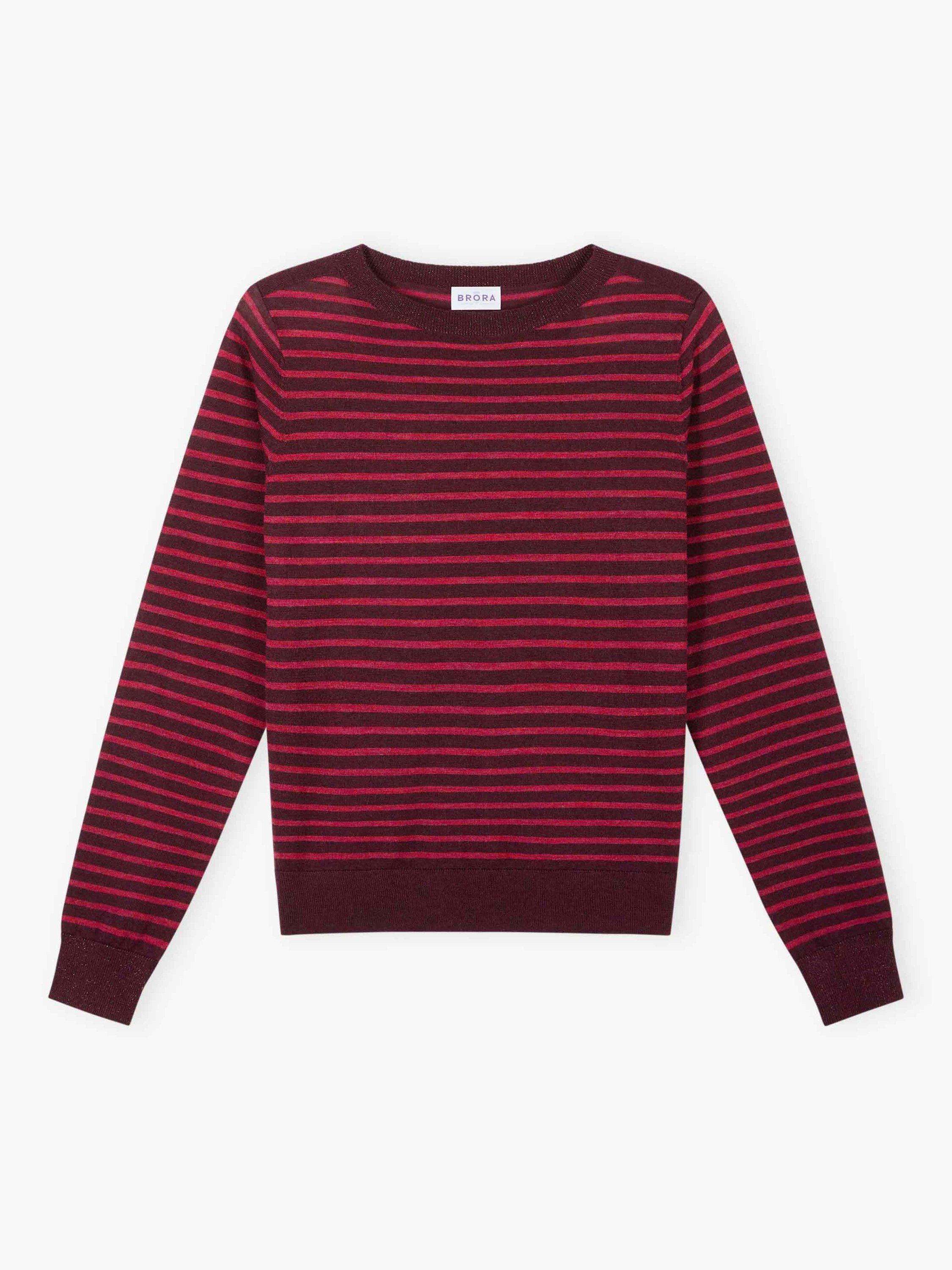 Product image 4 of 4, which shows Brora Breton Stripe Pure Merino Wool Jumper, Damson/Raspberry, 8-10