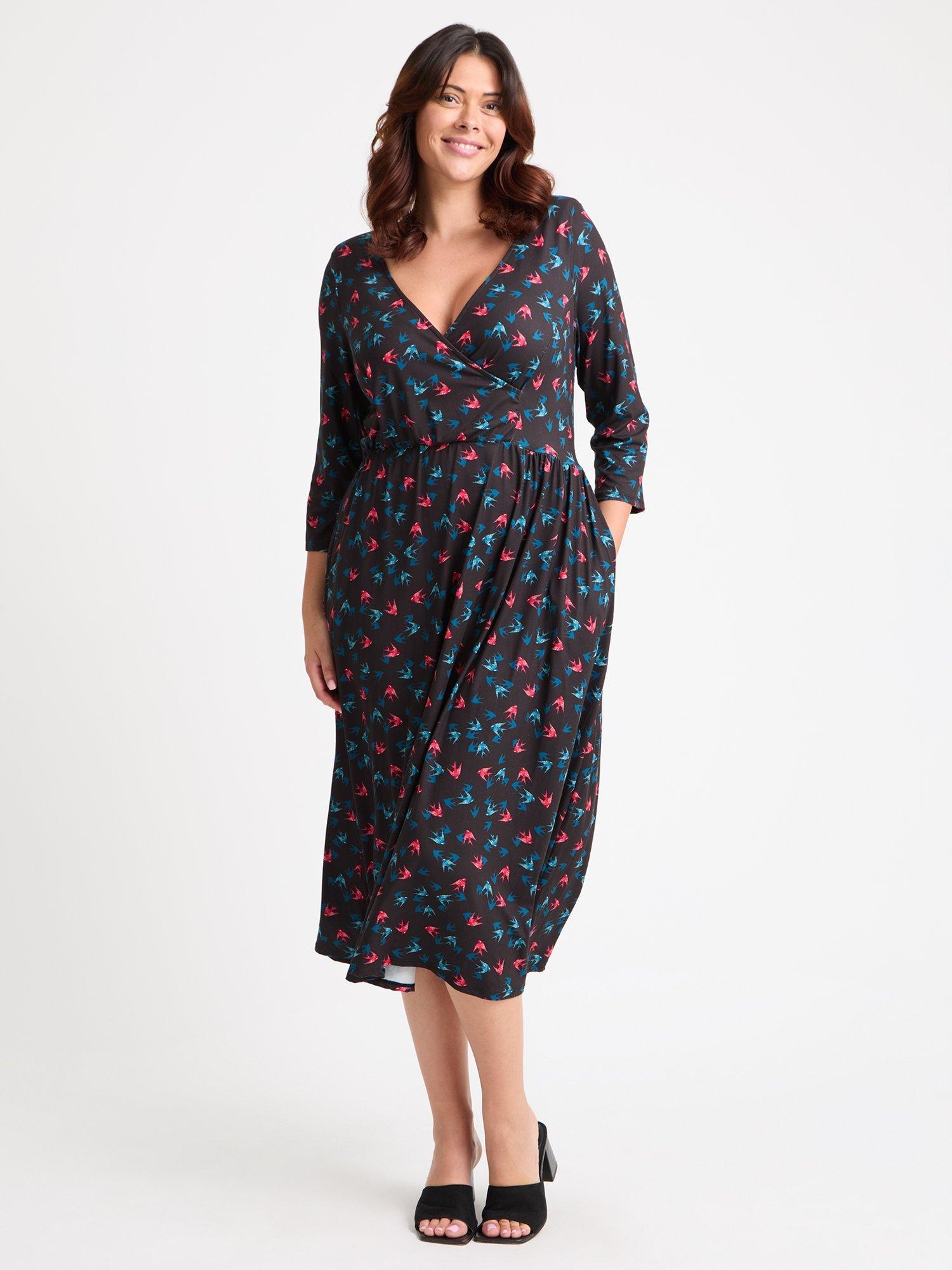 Product image 1 of 4, which shows Scarlett & Jo Birds Wrap Midi Dress, Black/Multi, 12