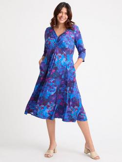 Scarlett & Jo Claudia Three Quarter Sleeves V Neck Ruched Midi Dress, Blue Maroon