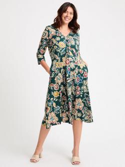 Scarlett & Jo Claudia Floral Three Quarter Sleeves V Neck Ruched Midi Dress, Green/Multi