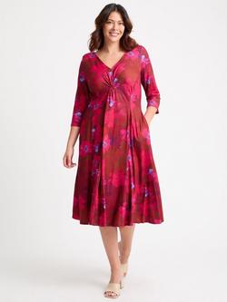 Scarlett & Jo Claudia Floral Three Quarter Sleeves V Neck Ruched Midi Dress, Maroon Red