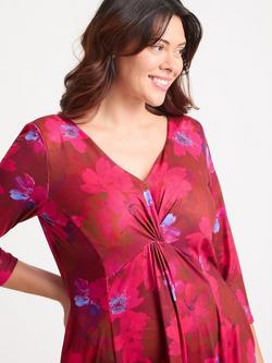 Scarlett & Jo Claudia Floral Three Quarter Sleeves V Neck Ruched Midi Dress - view 2, Maroon Red