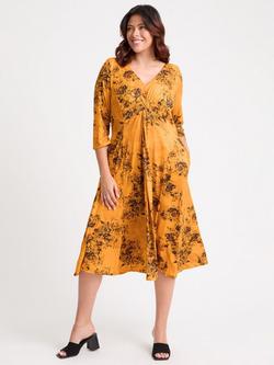Scarlett & Jo Claudia Floral Three Quarter Sleeves V Neck Ruched Midi Dress, Mustard