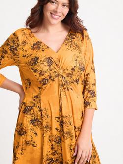 Scarlett & Jo Claudia Floral Three Quarter Sleeves V Neck Ruched Midi Dress - view 2, Mustard