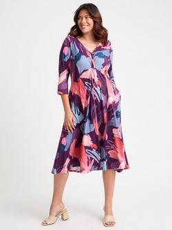 Scarlett & Jo Claudia Three Quarter Sleeves V Neck Ruched Midi Dress, Purple/Pink