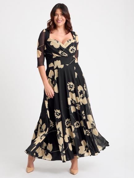 Scarlett & Jo Elizabeth Floral Three Quarter Sleeve Sweetheart Neck Maxi Dress, Black/Cream