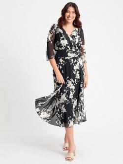 Scarlett & Jo Helena Floral Three Quarter Sleeves V Neck Midi Dress, Black/Ivory