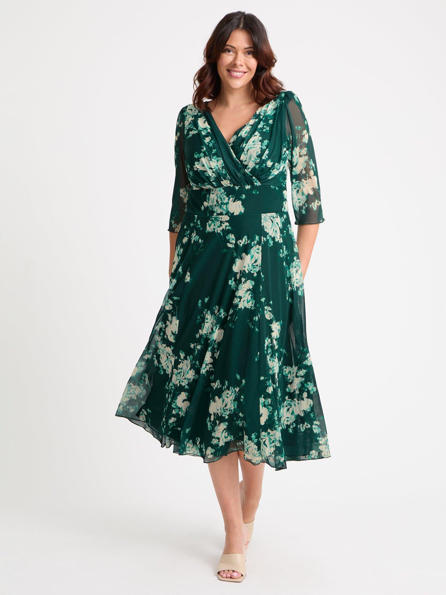 Scarlett & Jo Helena Floral Three Quarter Sleeves V Neck Midi Dress, Green /Ivory