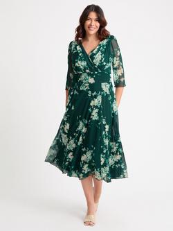 Scarlett & Jo Helena Floral Three Quarter Sleeves V Neck Midi Dress, Green/Ivory