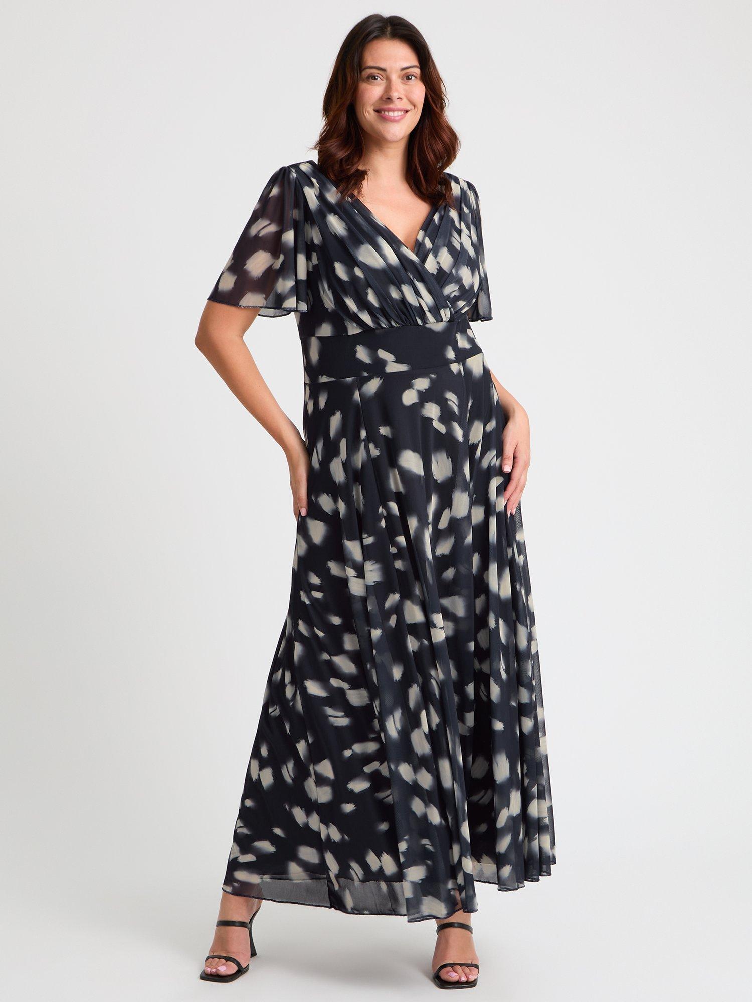 Product image 1 of 4, which shows Scarlett & Jo Isabelle Abstract Spot Float Sleeve Maxi Dress, Black/Cream, 12
