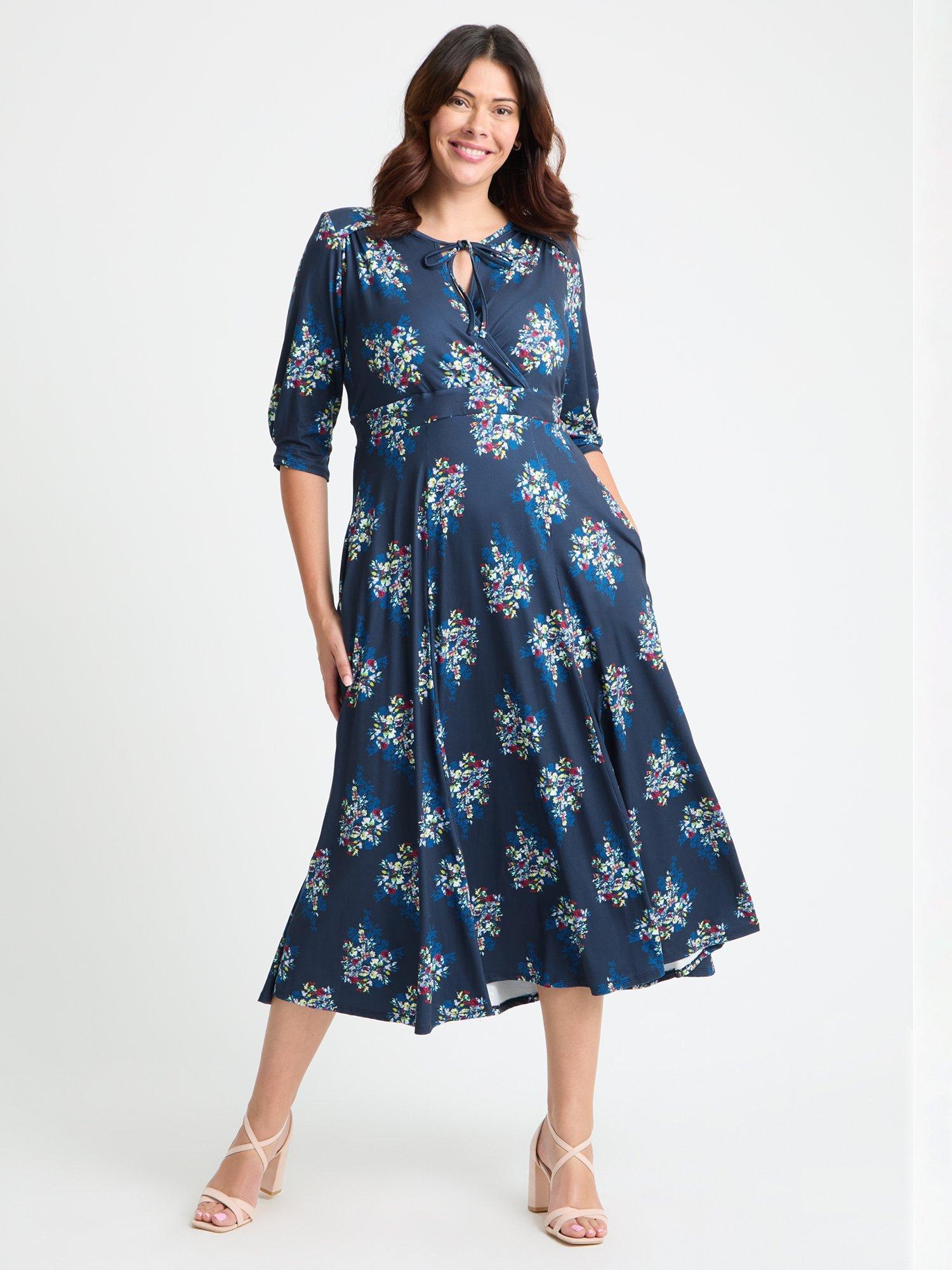 Product image 1 of 4, which shows Scarlett & Jo Floral Tie Wrap Midi Dress, Navy/Multi, 16