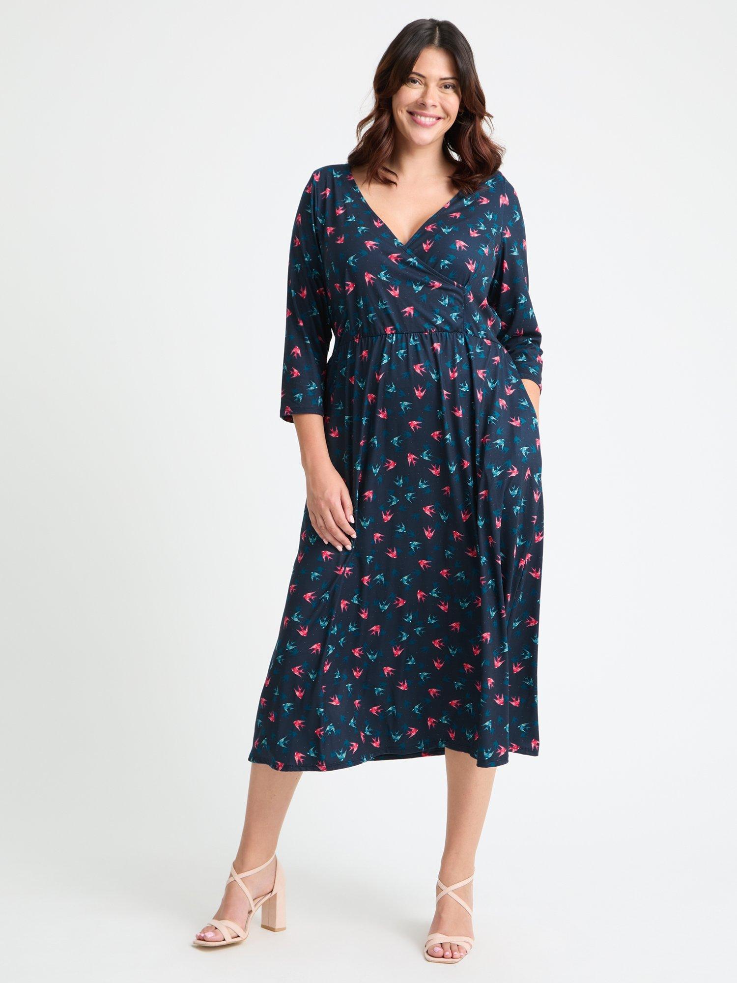 Product image 1 of 4, which shows Scarlett & Jo Birds Wrap Midi Dress, Navy/Multi, 12