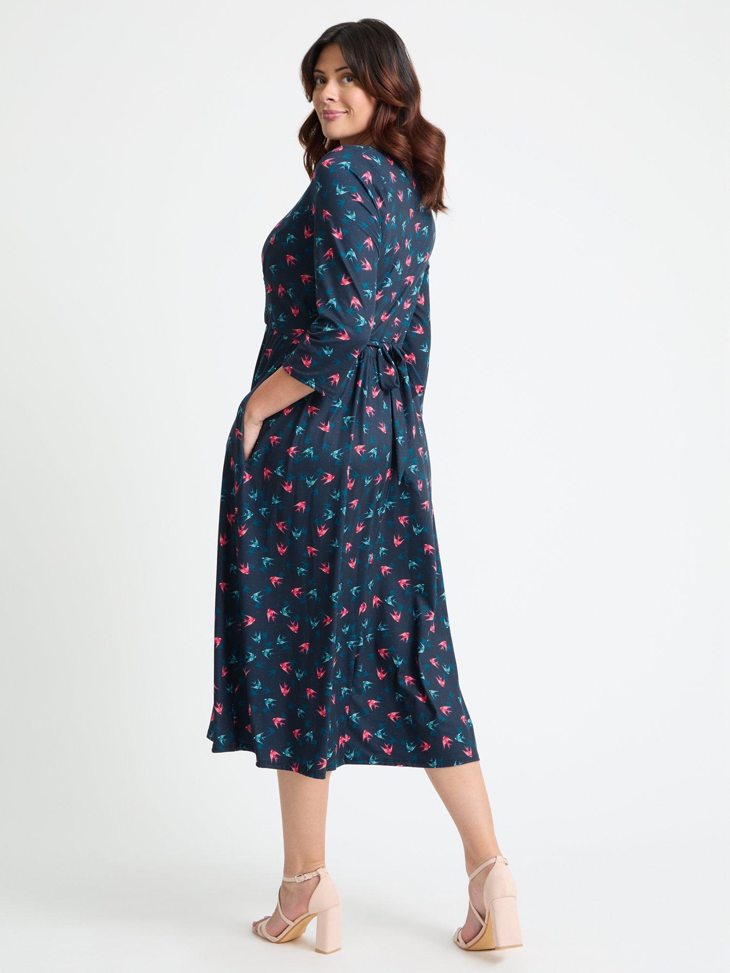Product image 3 of 4, which shows Scarlett & Jo Birds Wrap Midi Dress, Navy/Multi, 12