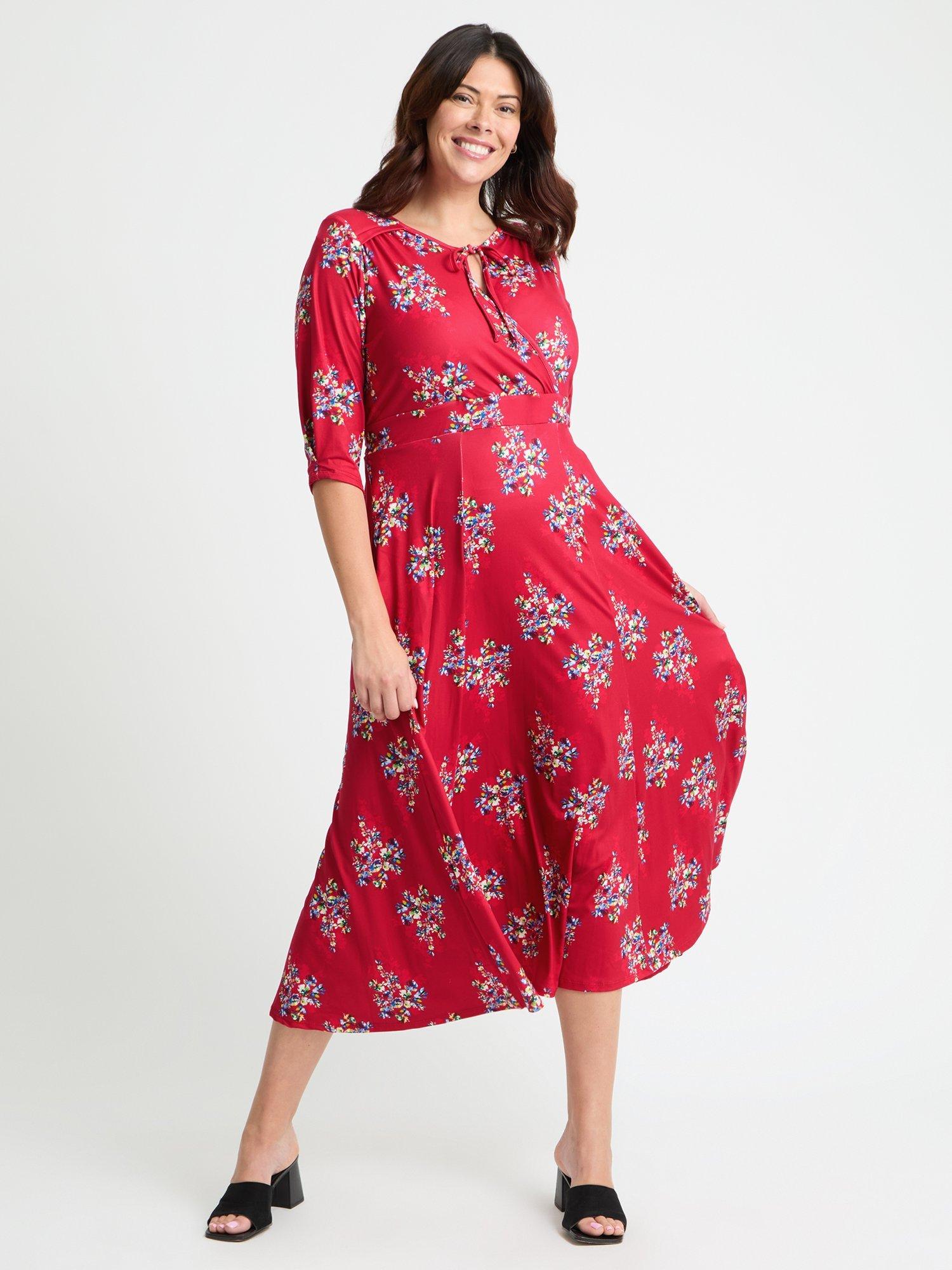 Product image 1 of 4, which shows Scarlett & Jo Floral Tie Wrap Midi Dress, Red/Multi, 12