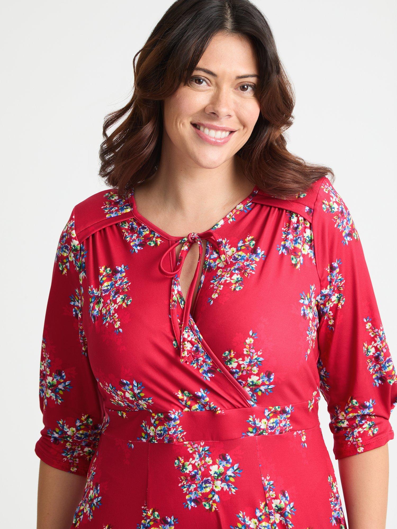 Product image 2 of 4, which shows Scarlett & Jo Floral Tie Wrap Midi Dress, Red/Multi, 12