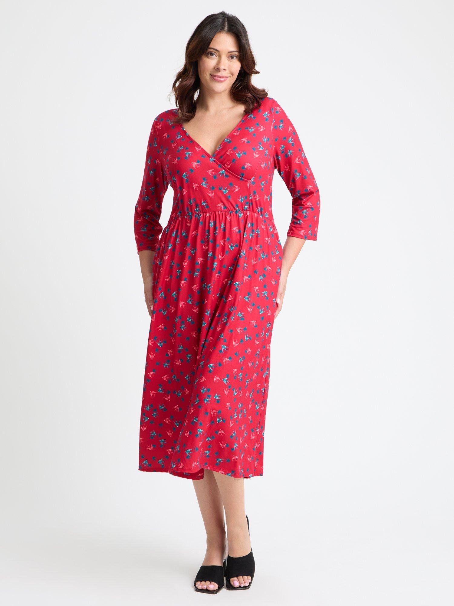 Product image 1 of 4, which shows Scarlett & Jo Birds Wrap Midi Dress, Red/Multi, 12