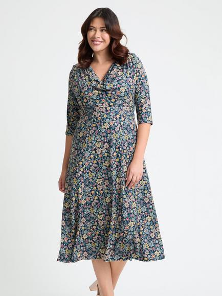 Scarlett & Jo Floral Cowl Neck Jersey Midi Dress, Teal/Multi