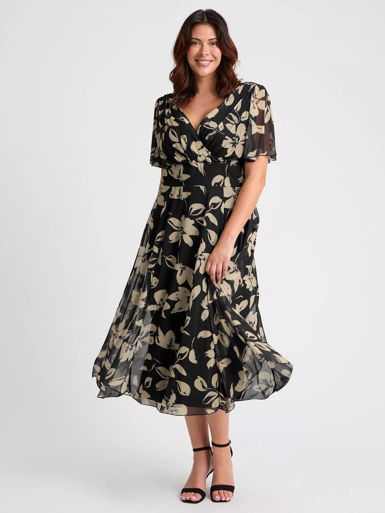Scarlett Jo Victoria Floral Angel Sleeve Midi Dress, Black/Cream