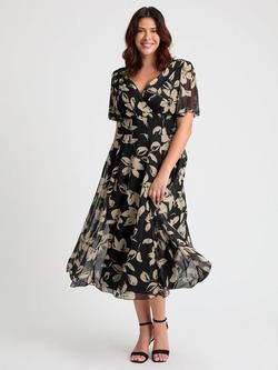 Scarlett & Jo Victoria Floral Angel Sleeve Midi Dress, Black/Cream, Black/Cream