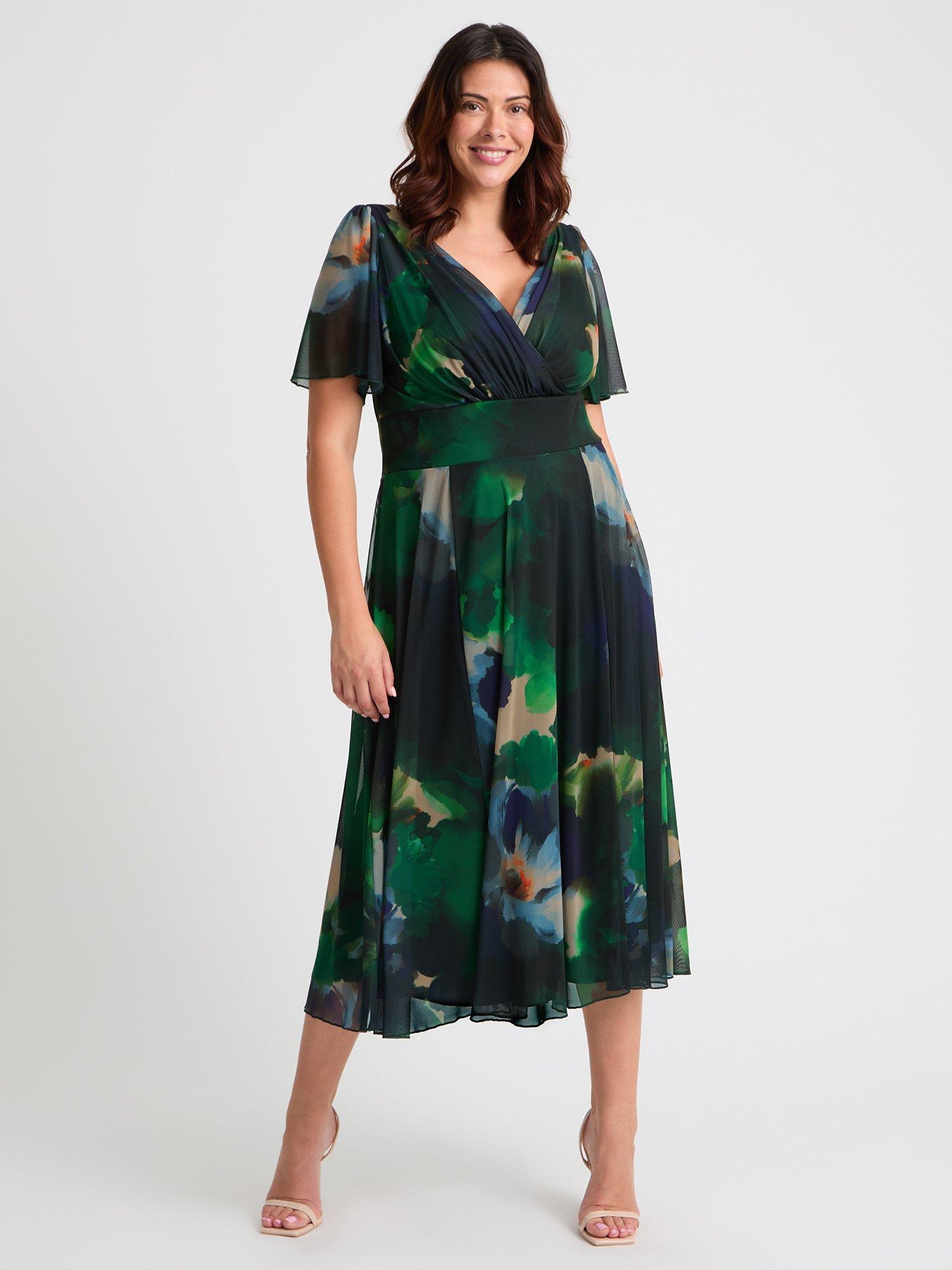 Scarlett Jo Victoria Floral Angel Sleeve Midi Dress, Green/Blue