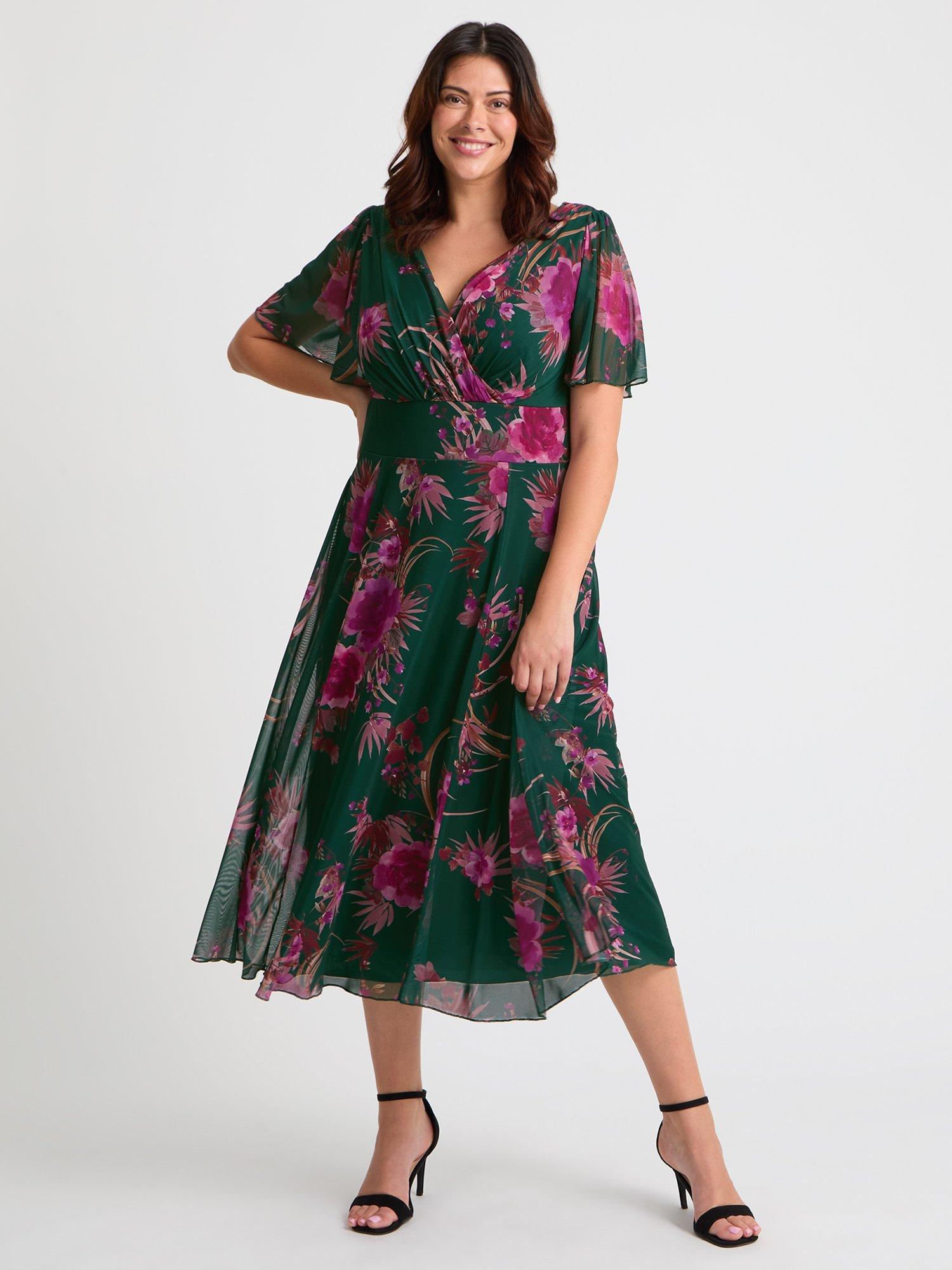 Scarlett Jo Victoria Floral Angel Sleeve Midi Dress, Green/Pink