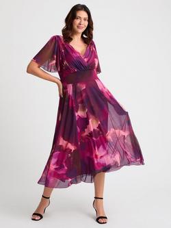 Scarlett & Jo Victoria Abstract Angel Sleeve Midi Dress, Wine/Pink, Wine/Pink