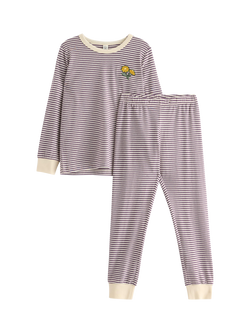 Lindex Baby Flower Striped Pyjama Set, Light Dusty Lilac, Light Dusty Lilac