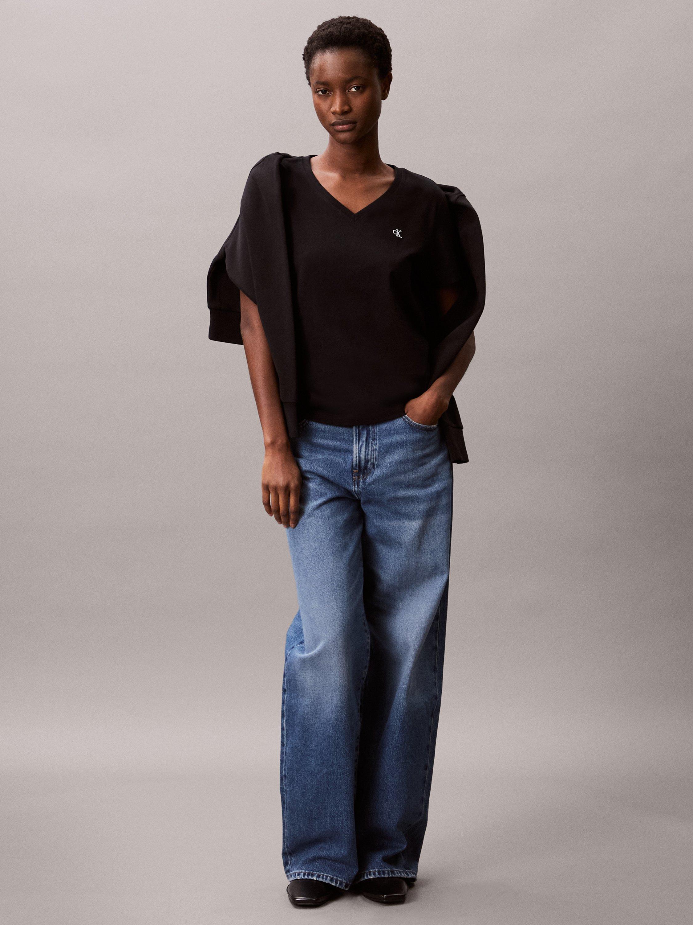 Product image 3 of 7, which shows Calvin Klein Archive Logo V-Neck T-Shirt, Black, XXS