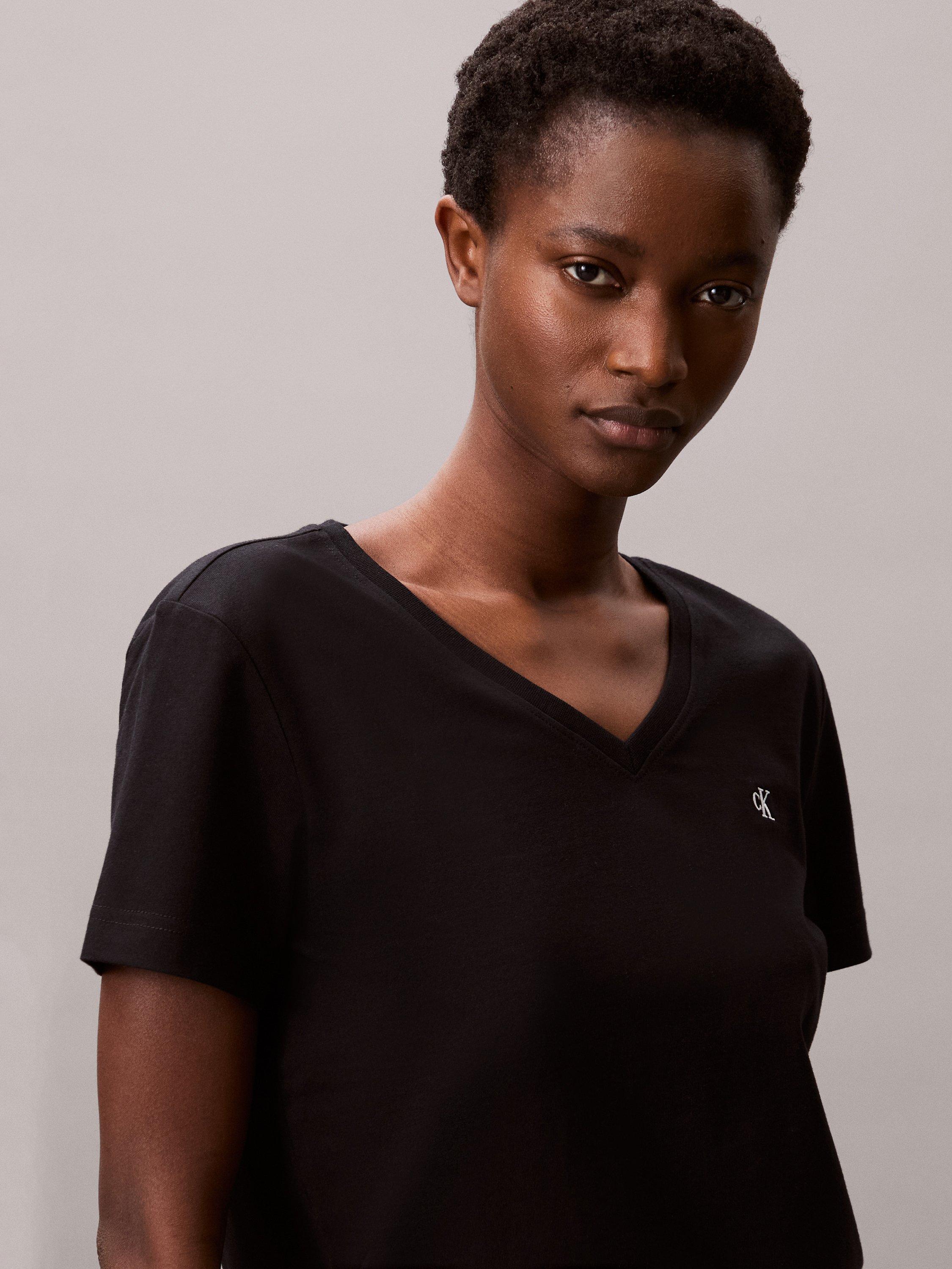 Product image 4 of 7, which shows Calvin Klein Archive Logo V-Neck T-Shirt, Black, XXS