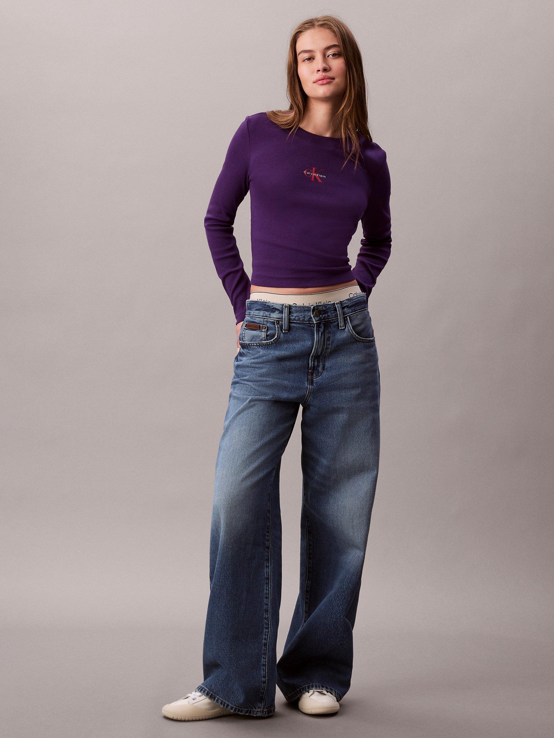 Product image 1 of 6, which shows Calvin Klein Monogram Logo Long Sleeve Baby Top, Acai, XXS