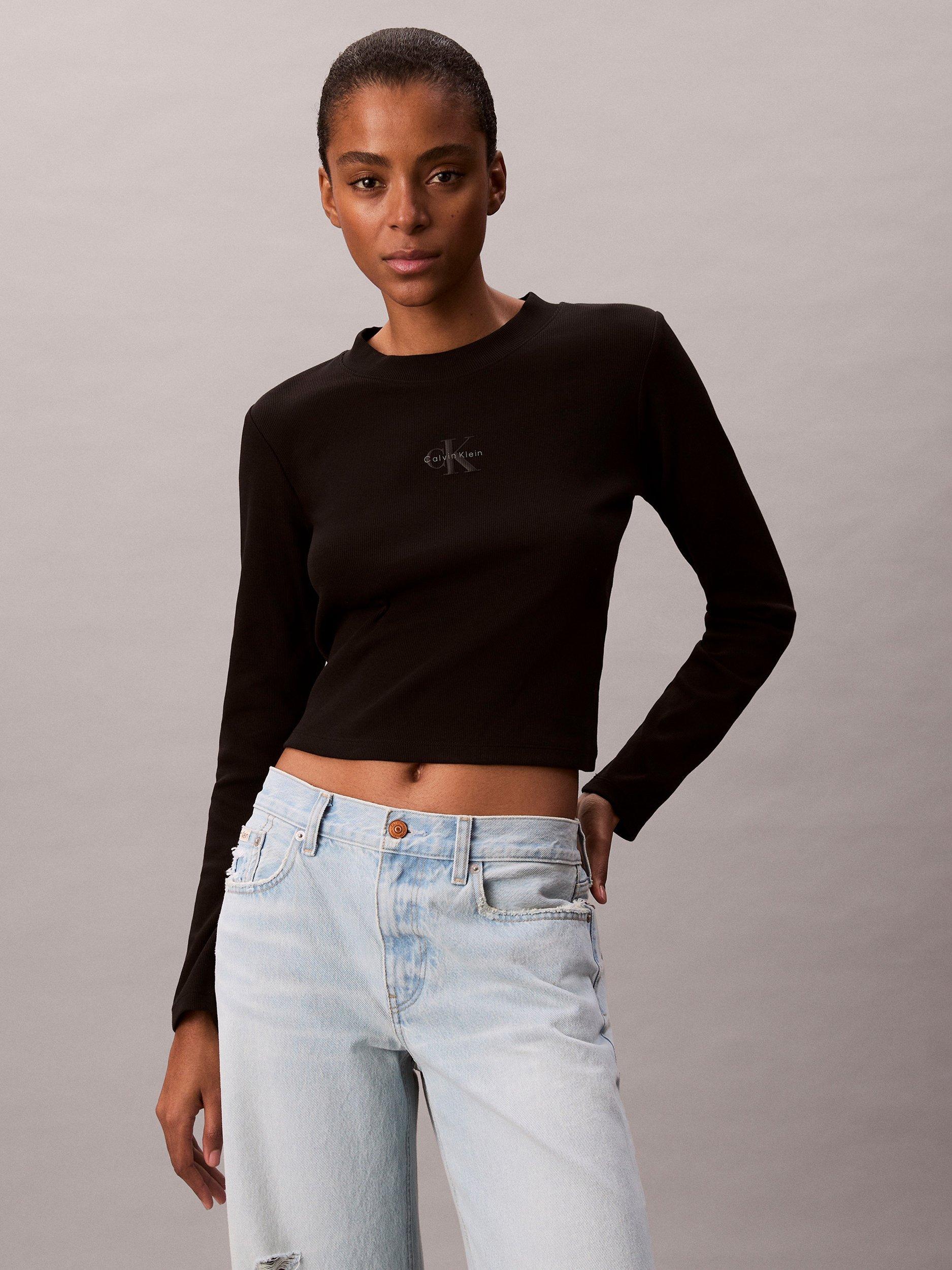 Product image 1 of 6, which shows Calvin Klein Logo Slim Fit Jersey Top, Black, XXS