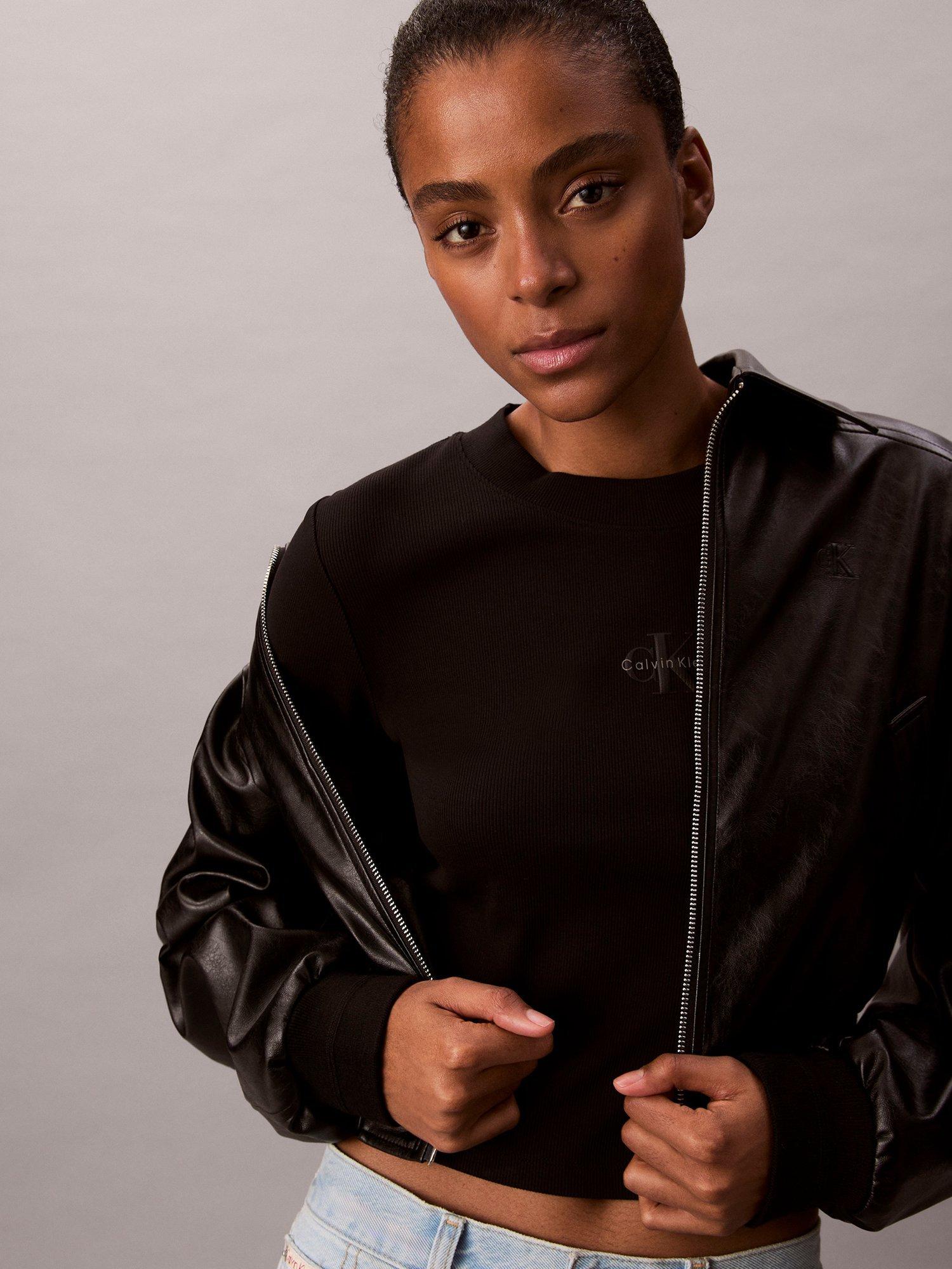 Product image 3 of 6, which shows Calvin Klein Logo Slim Fit Jersey Top, Black, XXS