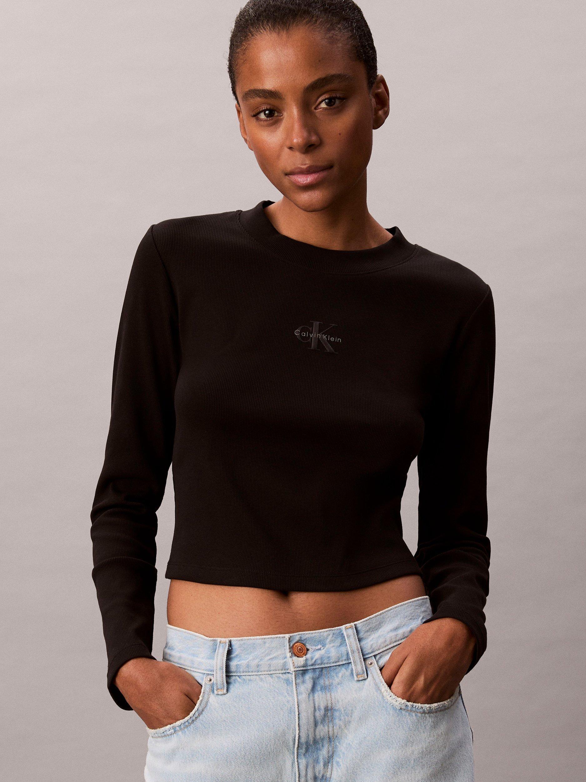 Product image 5 of 6, which shows Calvin Klein Logo Slim Fit Jersey Top, Black, XXS