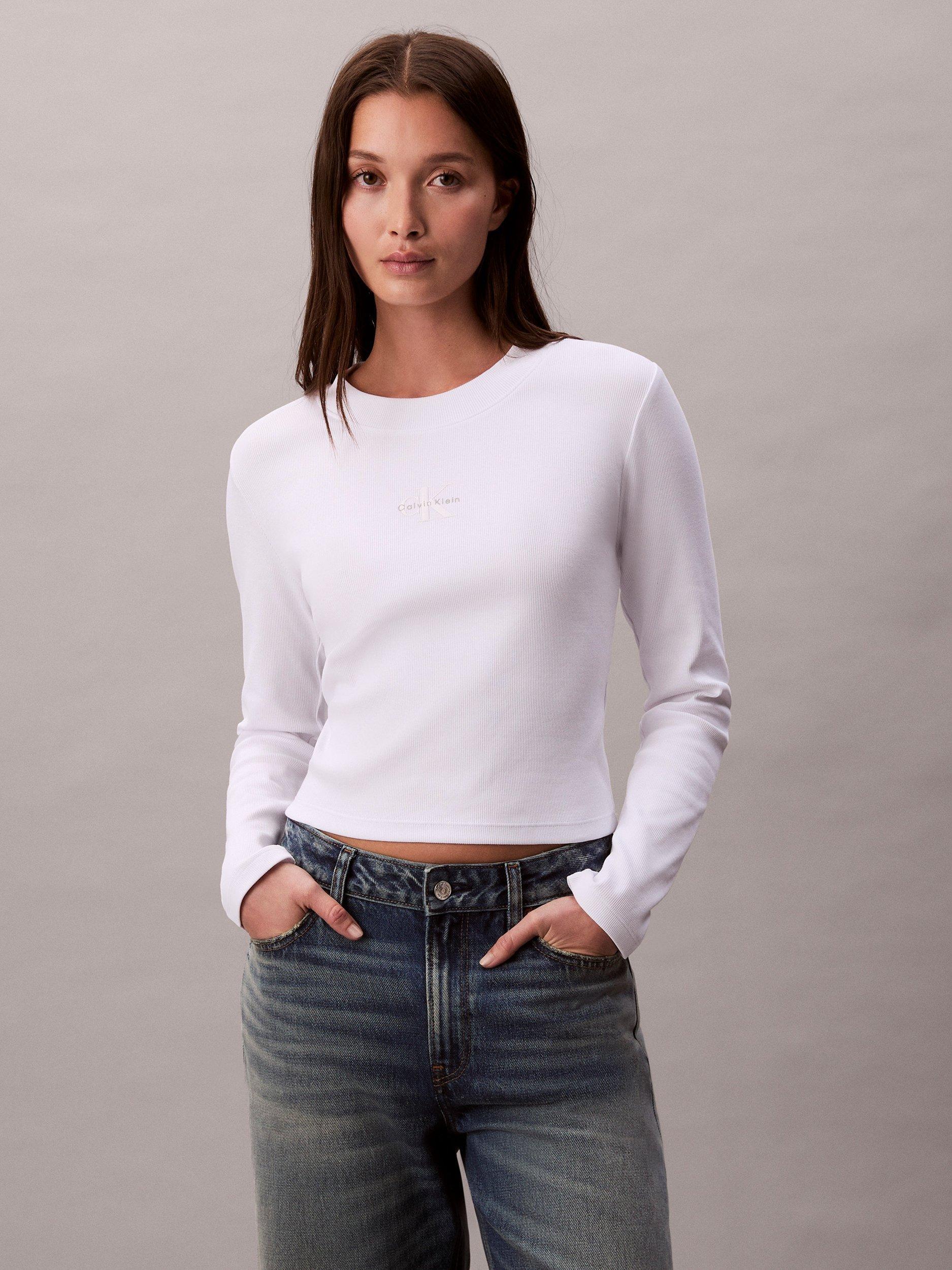 Product image 1 of 5, which shows Calvin Klein Logo Slim Fit Jersey Top, Brilliant White, XS