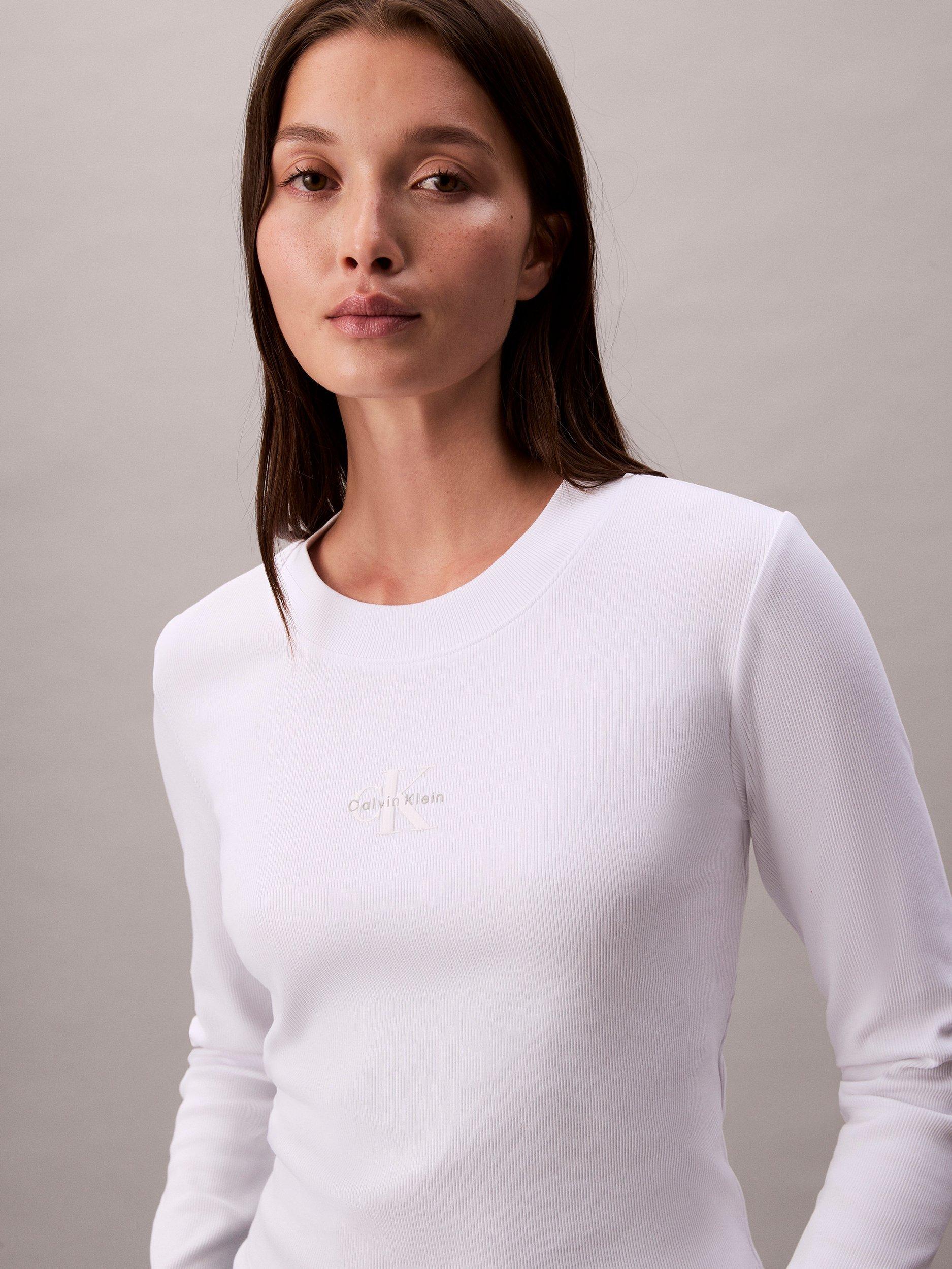 Product image 3 of 5, which shows Calvin Klein Logo Slim Fit Jersey Top, Brilliant White, XS