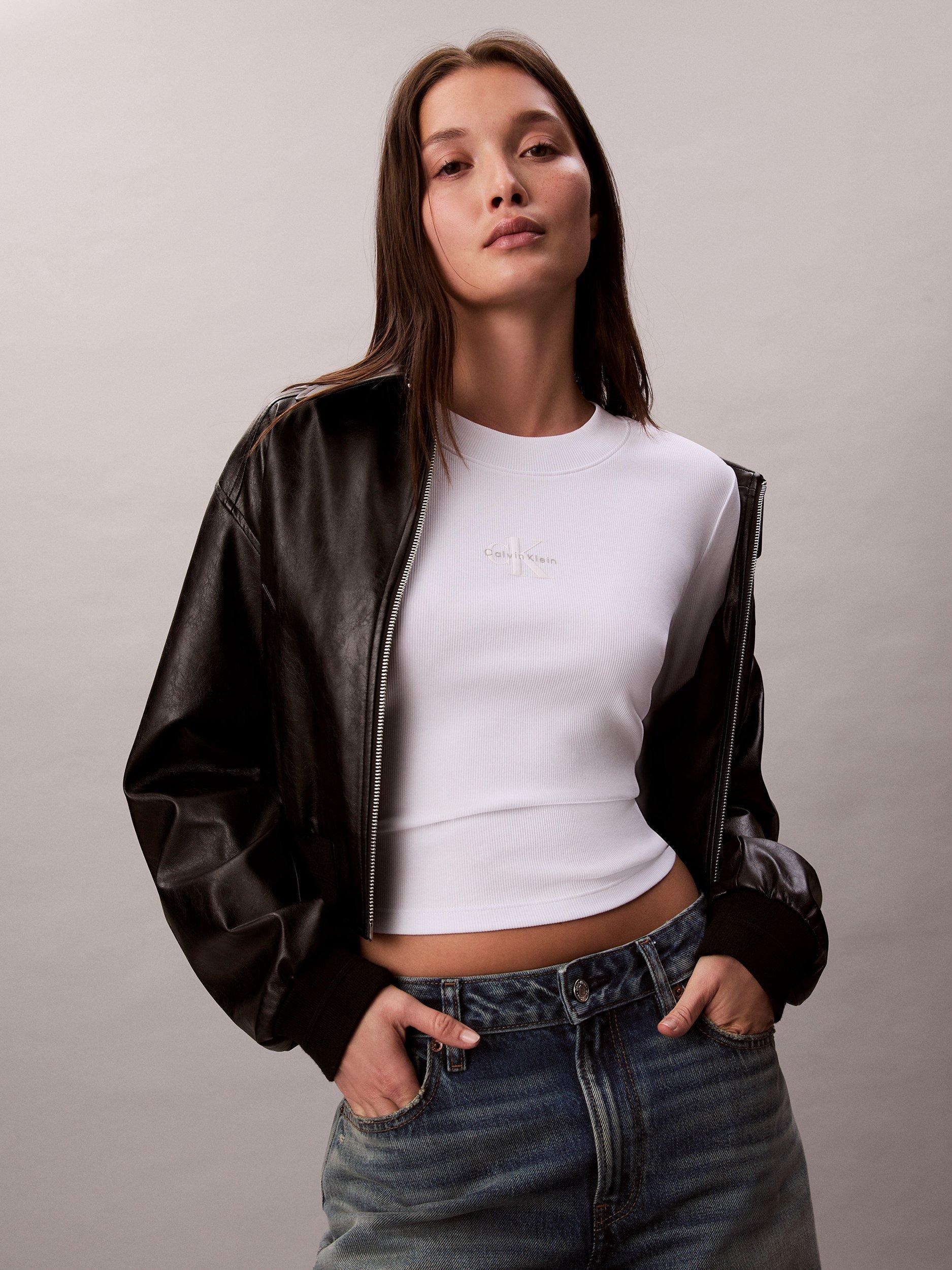 Product image 4 of 5, which shows Calvin Klein Logo Slim Fit Jersey Top, Brilliant White, XS