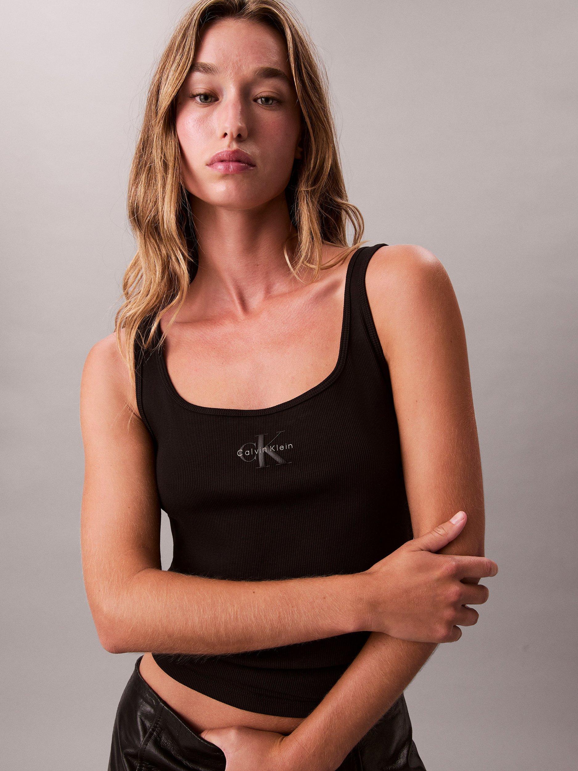 Product image 4 of 6, which shows Calvin Klein Monogram Logo Scoop Neck Top, Black, XXS