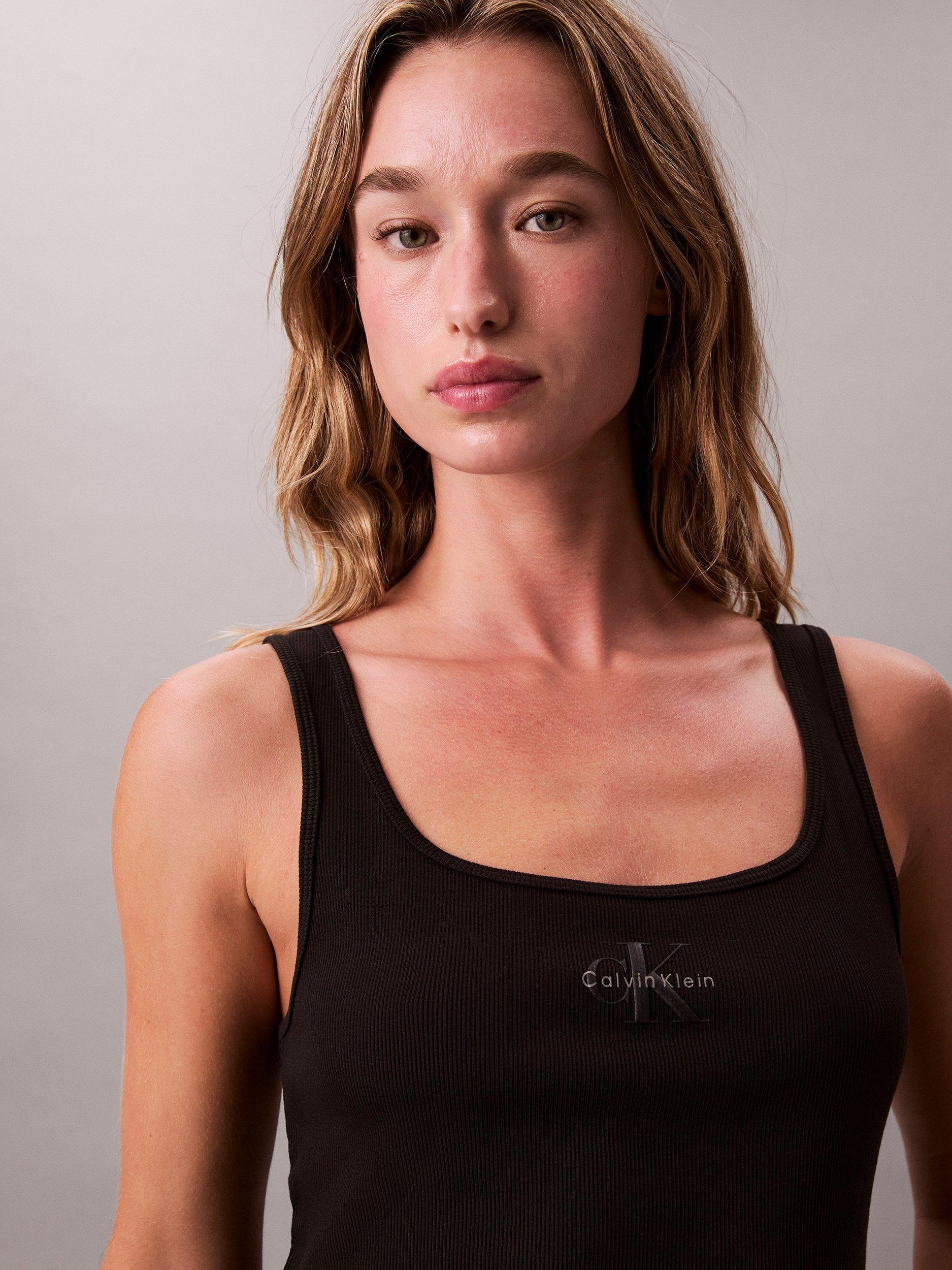 Product image 5 of 6, which shows Calvin Klein Monogram Logo Scoop Neck Top, Black, XXS