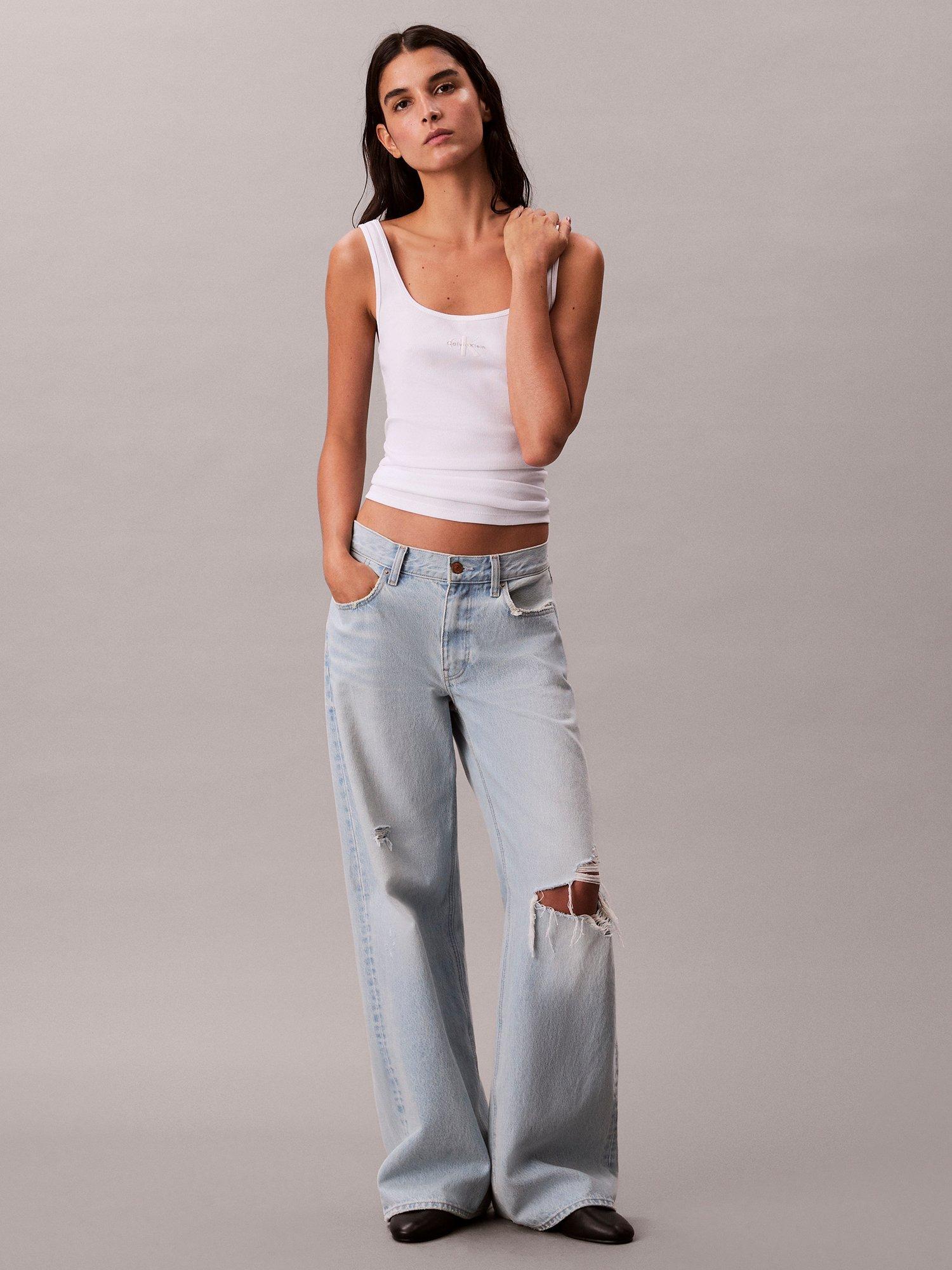 Product image 3 of 6, which shows Calvin Klein Monogram Logo Scoop Neck Top, Bright White, XXS