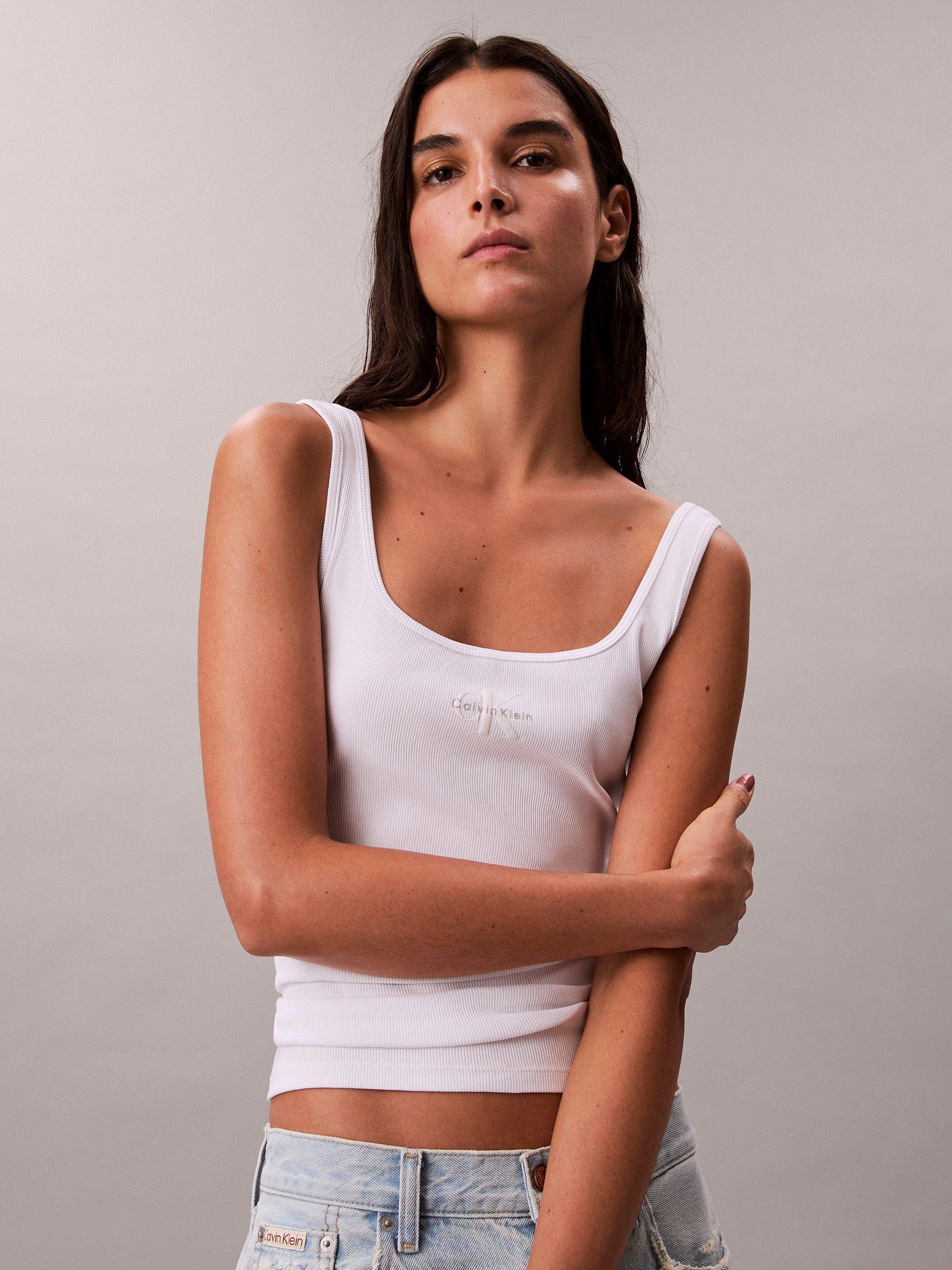 Product image 4 of 6, which shows Calvin Klein Monogram Logo Scoop Neck Top, Bright White, XXS