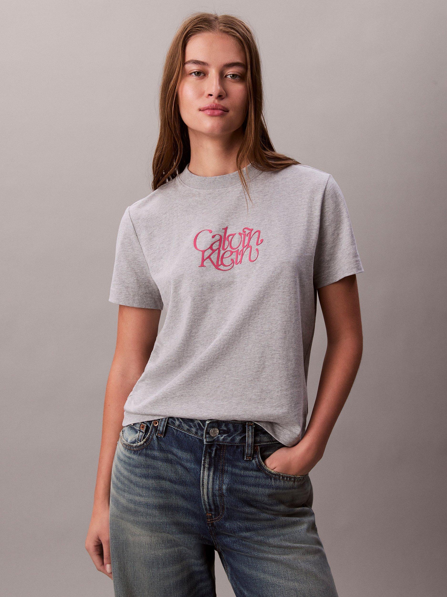 Product image 1 of 6, which shows Calvin Klein Script Logo Slim Fit T-Shirt, History Grey Heather, S