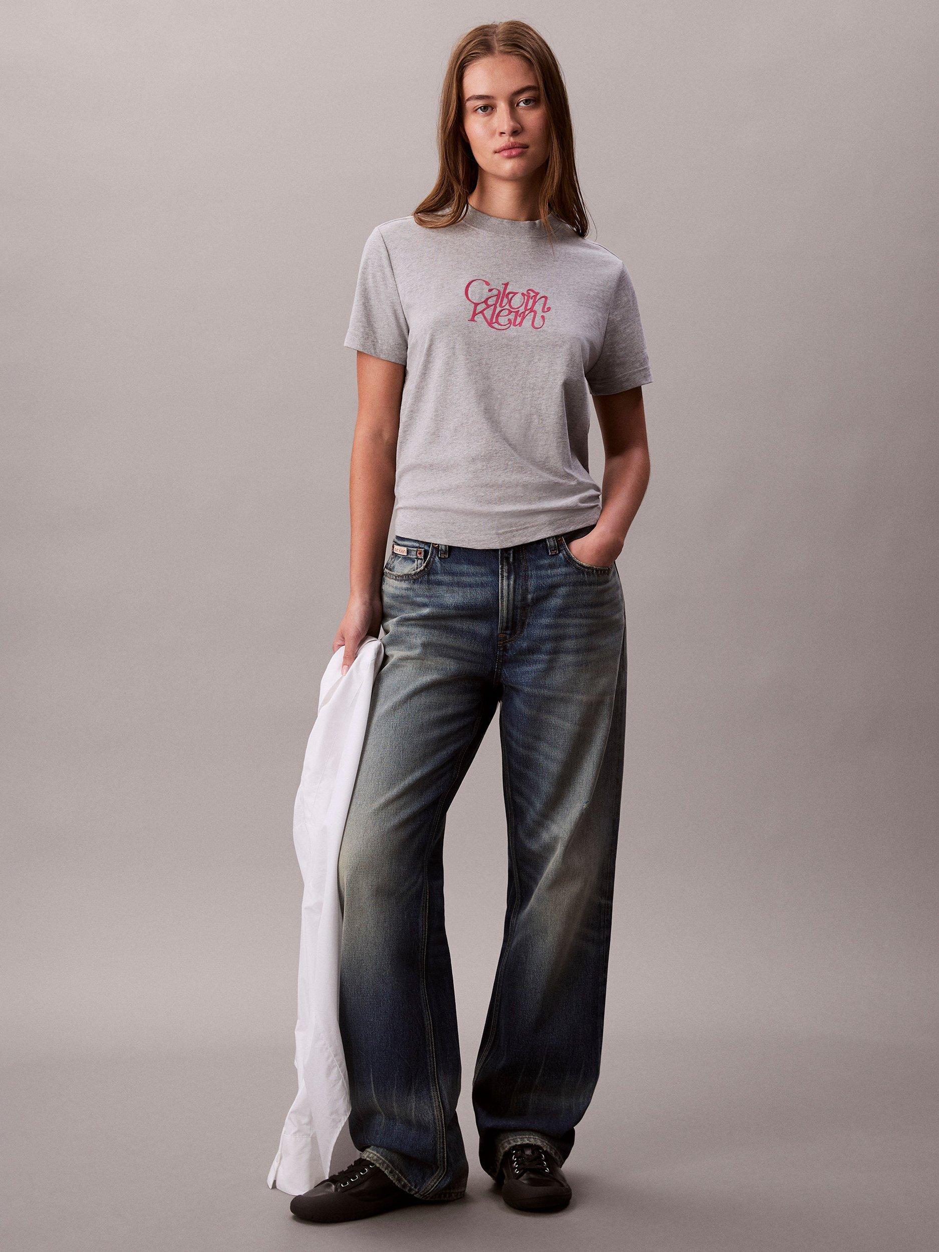 Product image 3 of 6, which shows Calvin Klein Script Logo Slim Fit T-Shirt, History Grey Heather, S