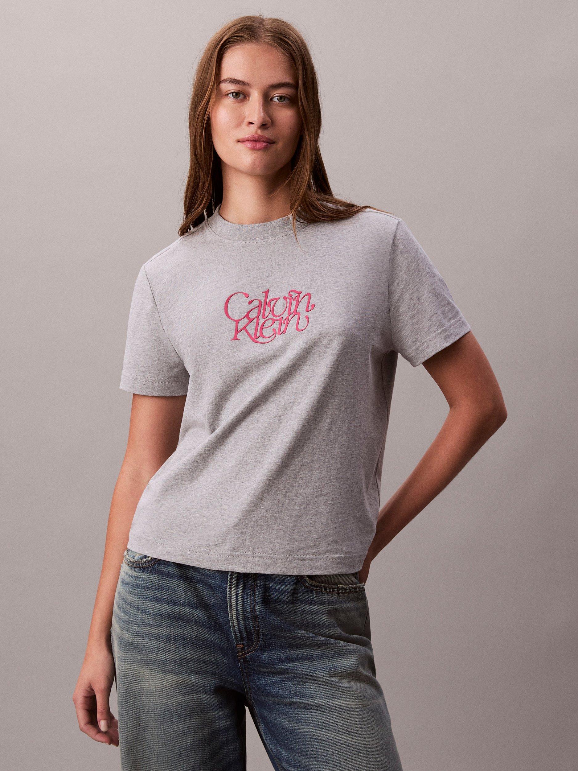 Product image 4 of 6, which shows Calvin Klein Script Logo Slim Fit T-Shirt, History Grey Heather, S