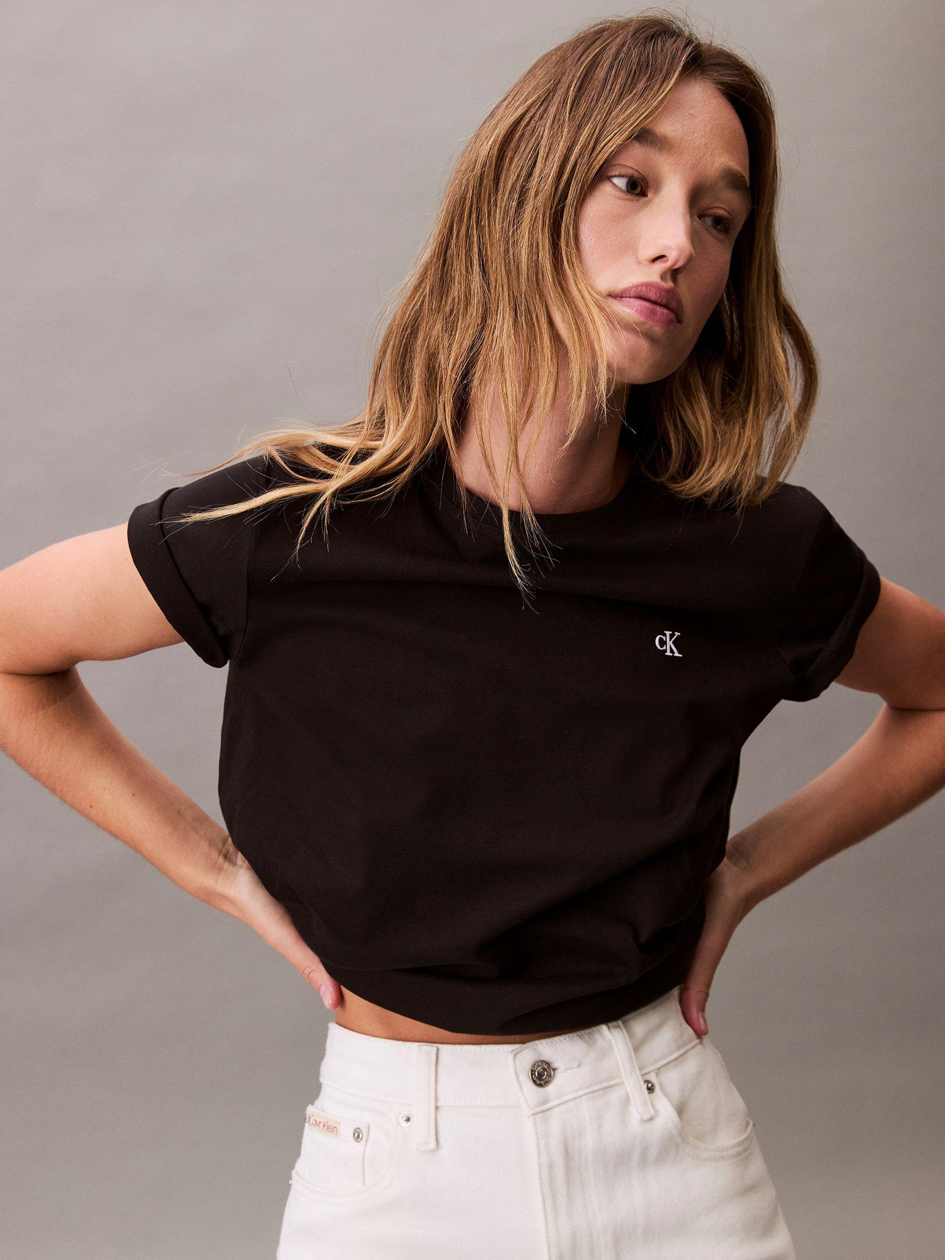 Product image 3 of 7, which shows Calvin Klein Monogram Logo Crew Neck T-Shirt, Black, XXS