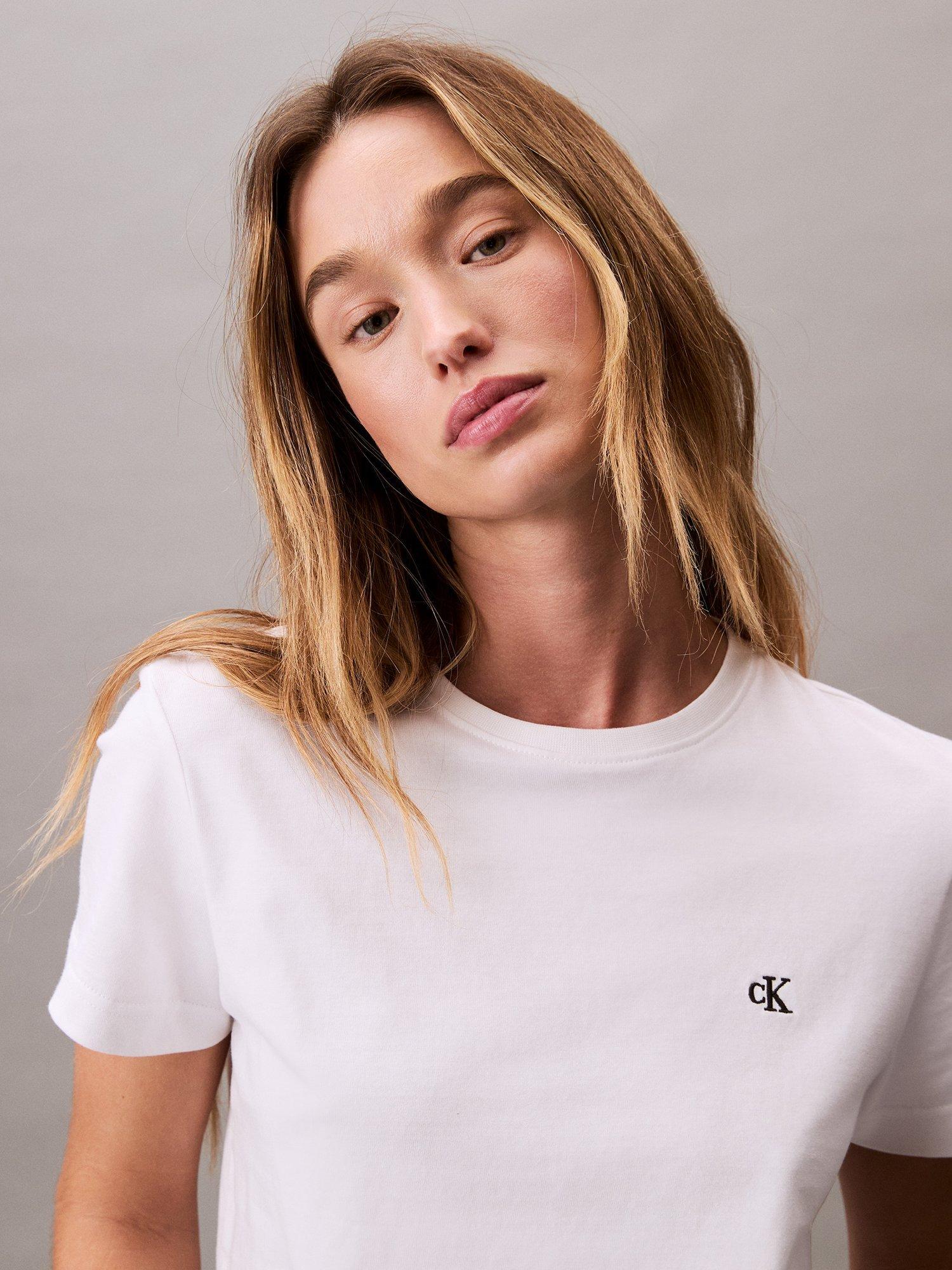 Product image 3 of 6, which shows Calvin Klein Monogram Logo Crew Neck T-Shirt, Bright White, XXS