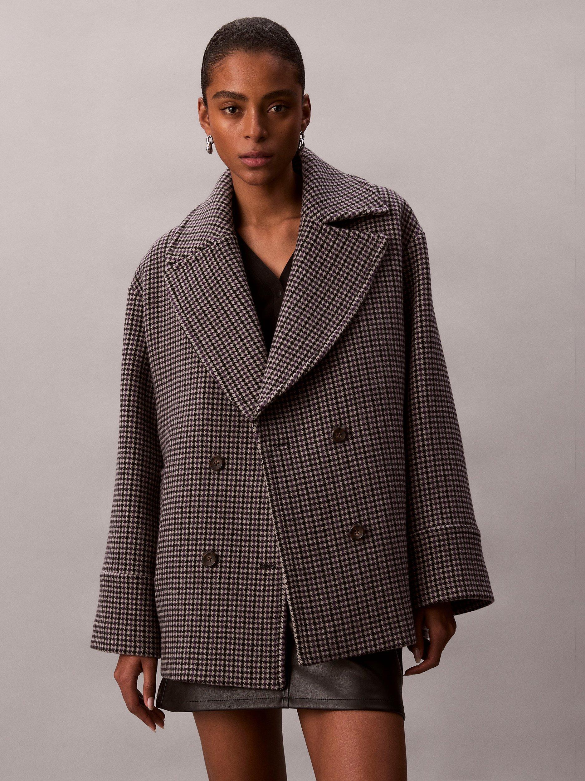 Product image 1 of 7, which shows Calvin Klein Houndstooth Wool Rich Pea Coat, Brown, XXS