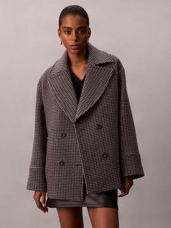 Calvin Klein Houndstooth Wool Rich Pea Coat, Brown, Brown