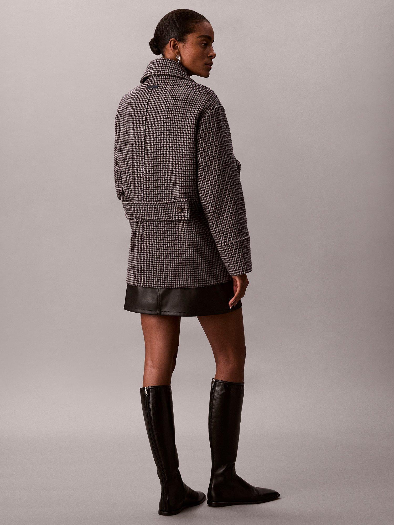 Product image 2 of 7, which shows Calvin Klein Houndstooth Wool Rich Pea Coat, Brown, XXS