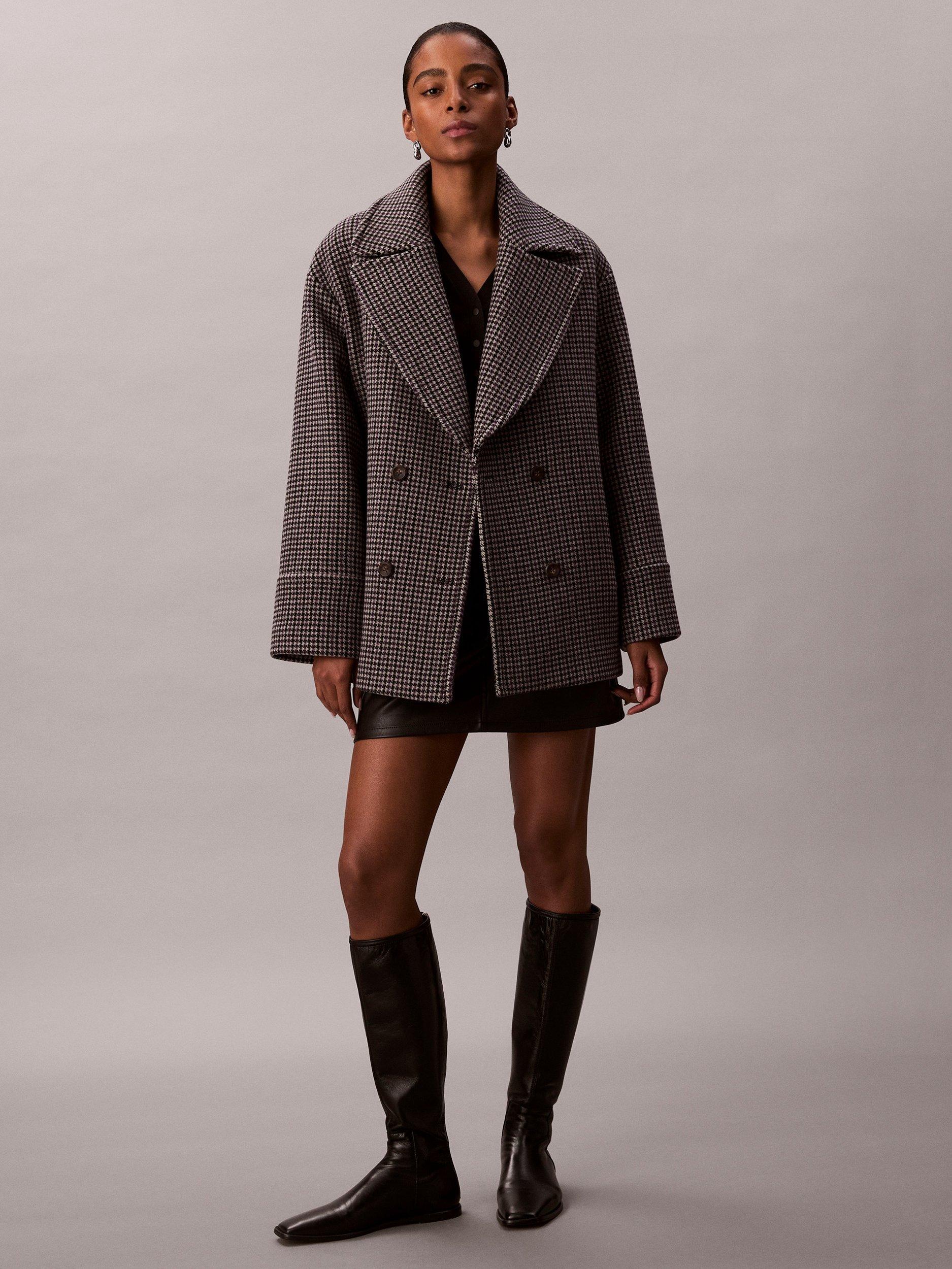Product image 3 of 7, which shows Calvin Klein Houndstooth Wool Rich Pea Coat, Brown, XXS